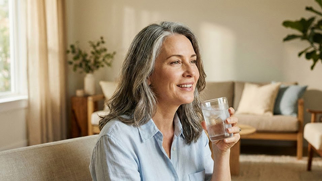 “Como Reduzir Fogachos Rapidamente: 3 Estratégias Que Funcionam de Verdade” bebendo água