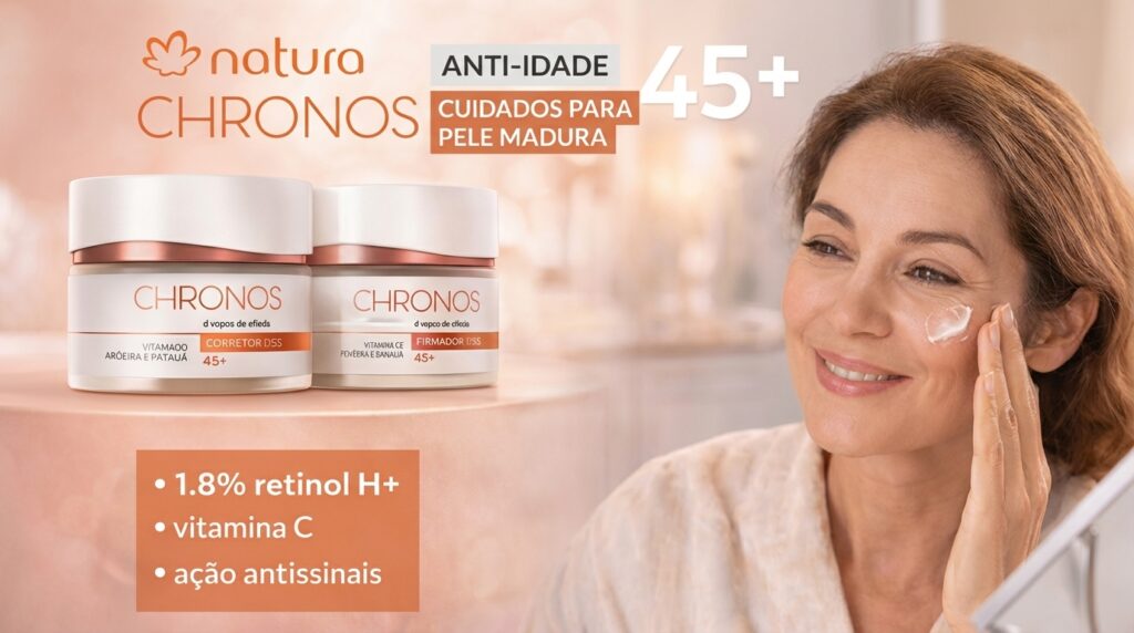 Natura Chronos 45 Funciona? Review do Creme Antissinais mulher aplicando creme chronos no rosto