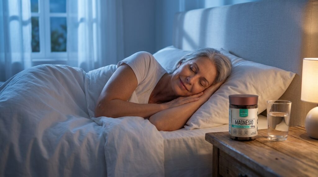 Mulher de 55 anos dormindo serenamente com o Magnésio Bisglicinato Nutrify no criado-mudo.