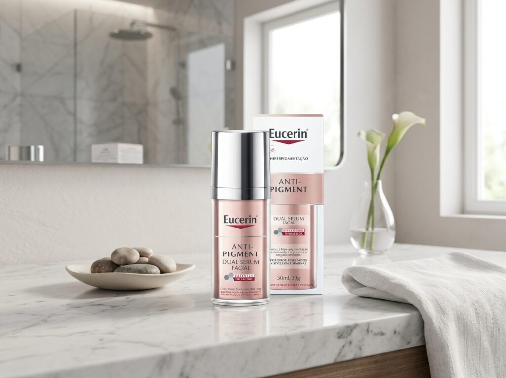 Eucerin Anti-Pigment Dual Sérum Vale a Pena? Nossa Análise Completa Eucerin Anti-Pigment Dual Sérum ao lado de itens de cuidados com a pele em banheiro moderno.