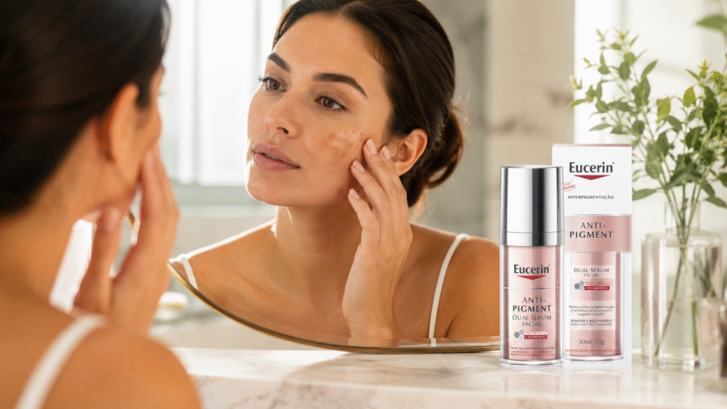 Eucerin Anti-Pigment Dual Sérum Vale a Pena? Nossa Análise Completa Mulher observando manchas no rosto em frente ao espelho antes da rotina de cuidados com Eucerin Anti-Pigment Dual Sérum.