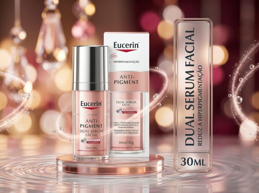 Eucerin Anti-Pigment Dual Sérum Vale a Pena? Nossa Análise Completa Eucerin Anti-Pigment Dual Sérum ao lado de itens de cuidados com a pele em banheiro moderno.